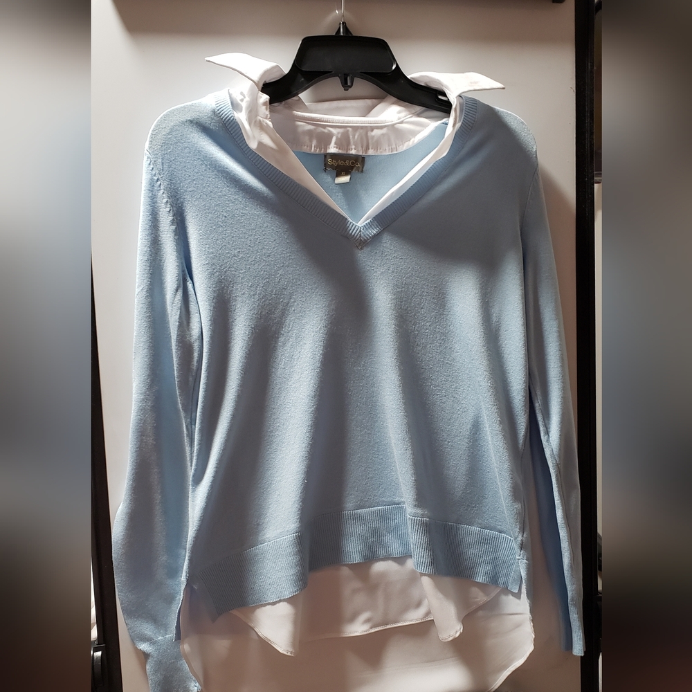 Light Blue V-Neck Sweater with Layered Hem